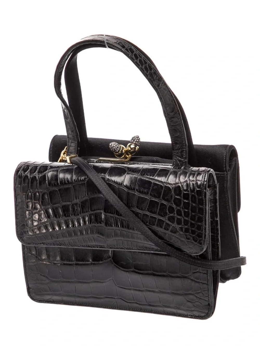 Judith Leiber Black Croc-Embossed Top-Handle Satchel with Gold Accent